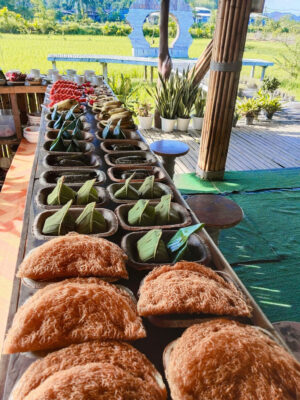Sticky rice snacks, fruit and delicious 'khanom la' (ขนมลา) at Na Tam Mu farm on Koh Lanta Noi